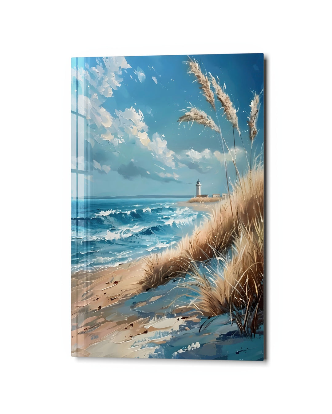 Lighthouse Past the Dunes glass wall art, studio view