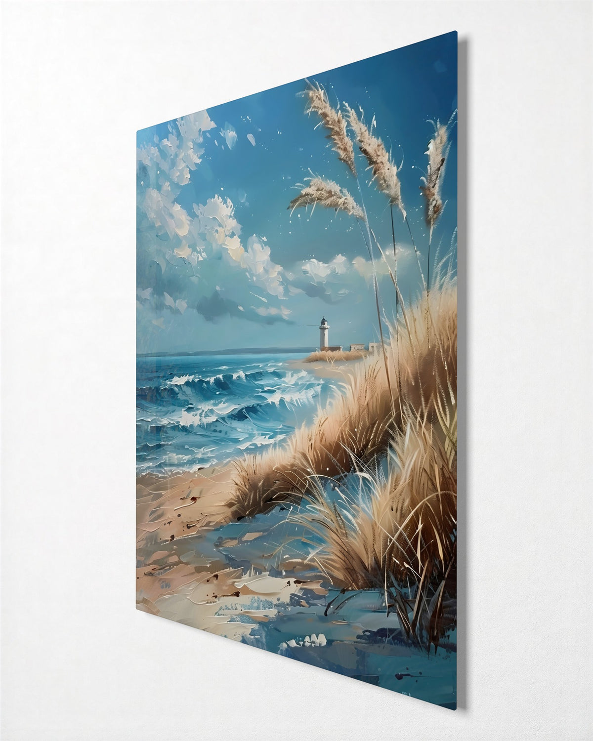Lighthouse Past the Dunes glass wall art, side view