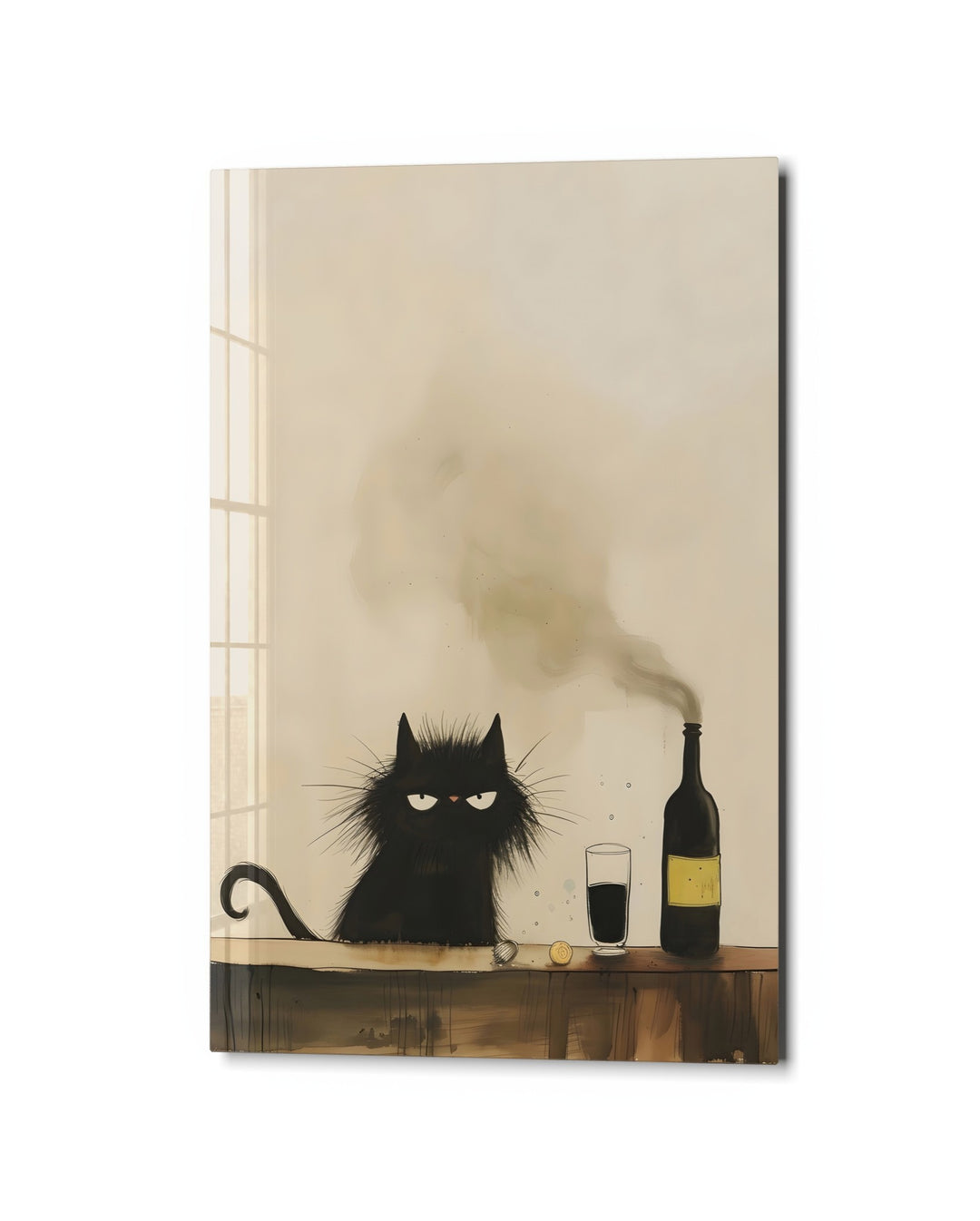Scowling Cat at the Bar glass wall art, studio view