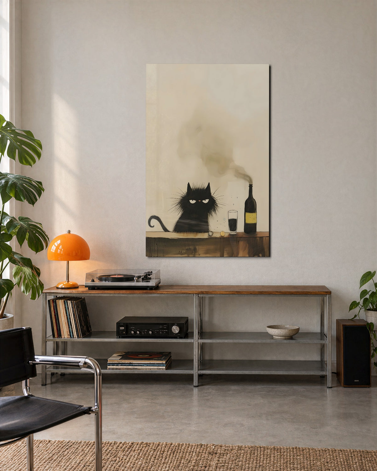 Scowling Cat at the Bar glass wall art, lifestyle view