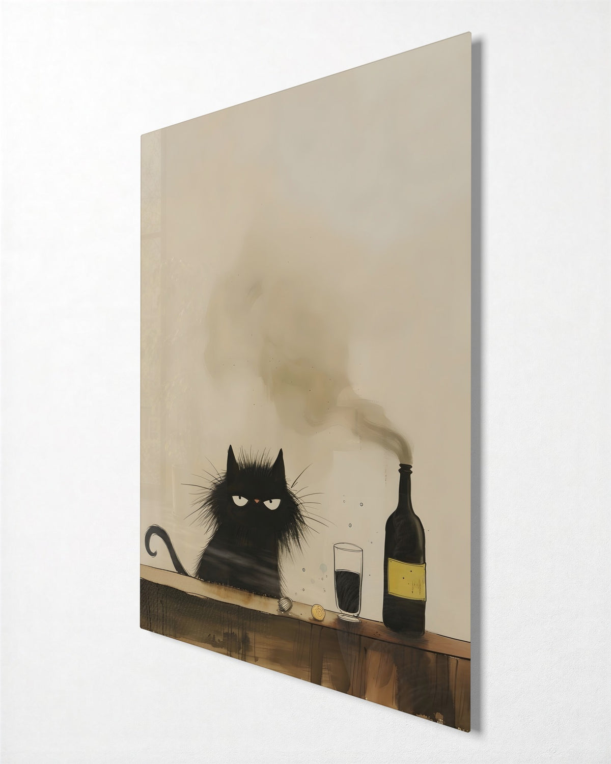 Scowling Cat at the Bar glass wall art, side view