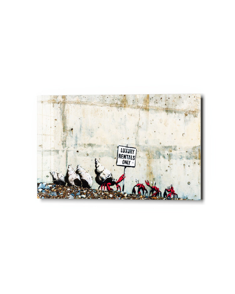 Shell Rentals by the Shore glass wall art, studio view