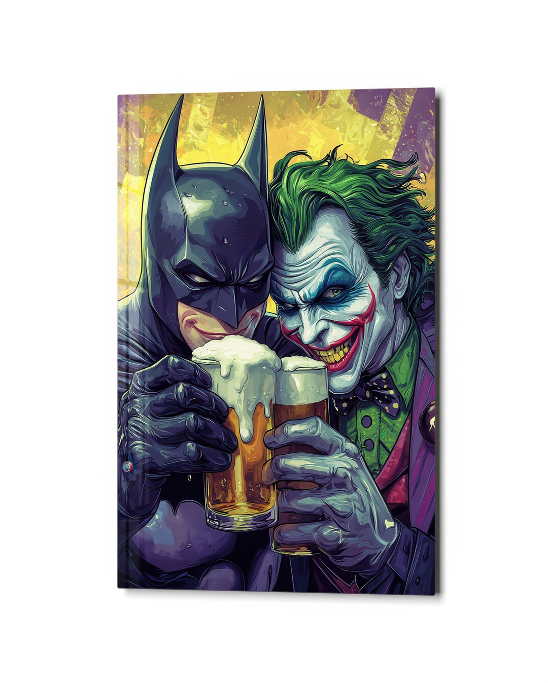 Hero and Villain, Two Beers glass wall art, studio view