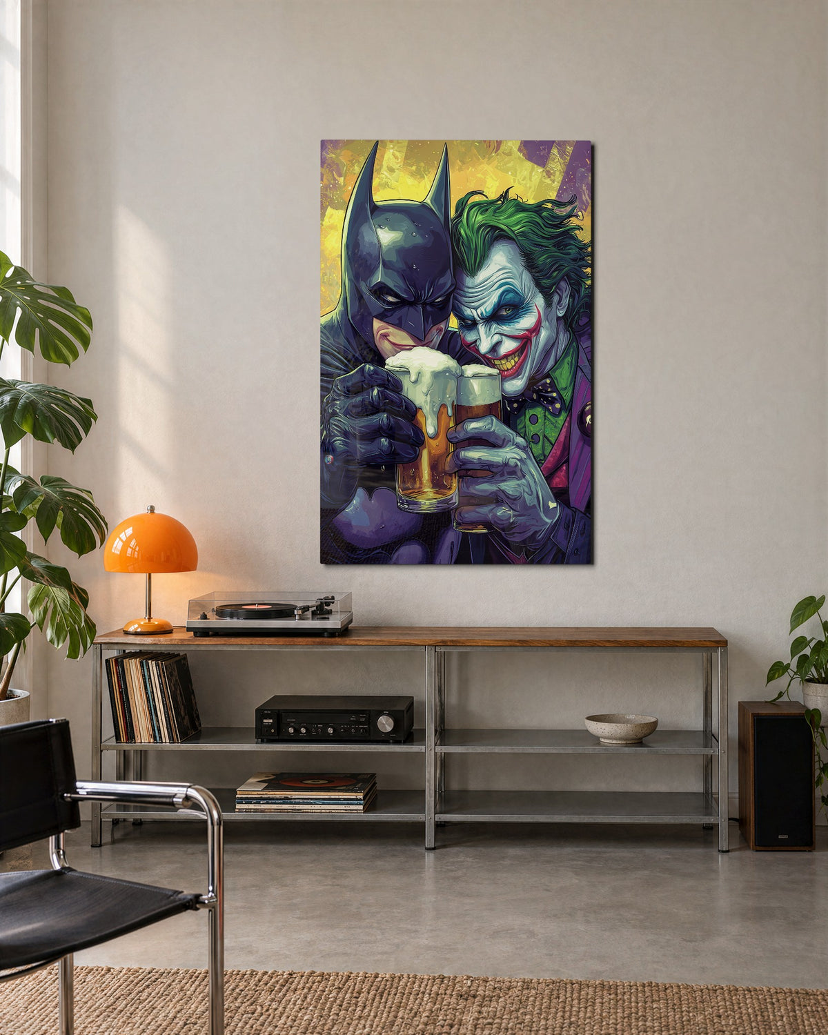 Hero and Villain, Two Beers glass wall art, lifestyle view