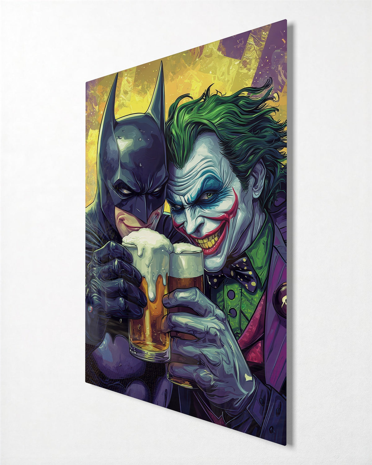 Hero and Villain, Two Beers glass wall art, side view
