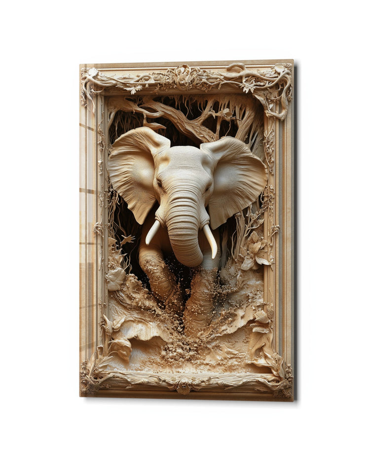 Elephant Breaking the Frame glass wall art, studio view