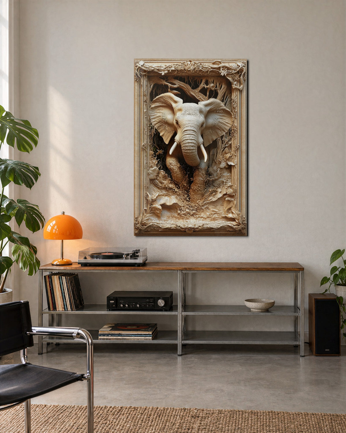 Elephant Breaking the Frame glass wall art, lifestyle view