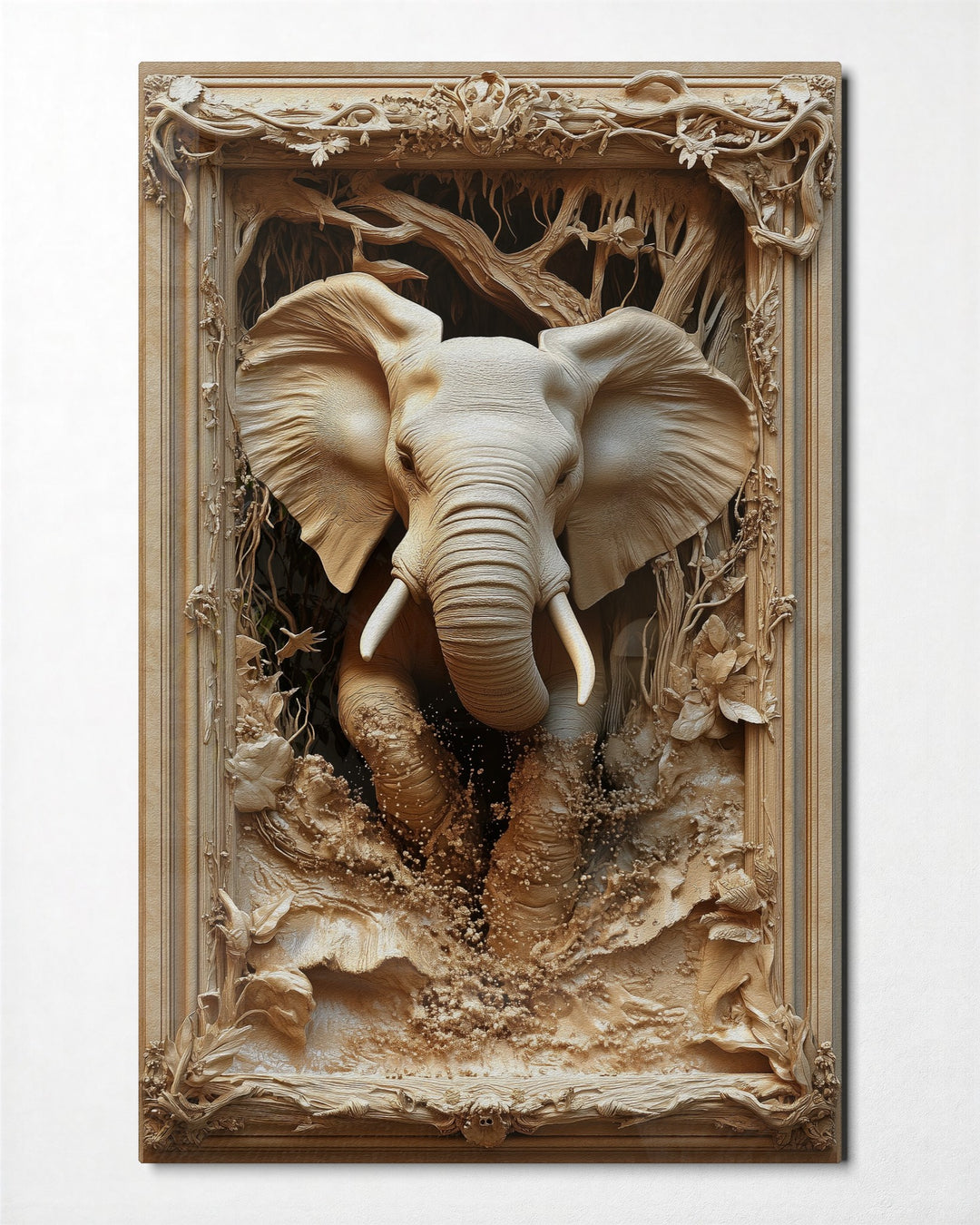 Elephant Breaking the Frame glass wall art, front view