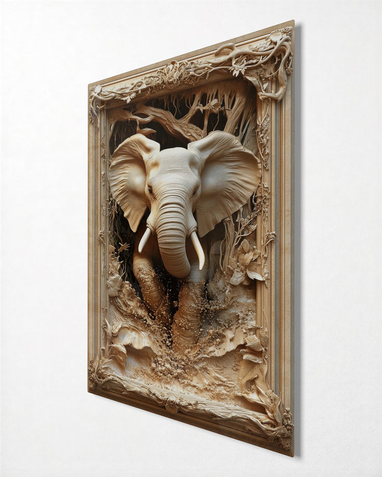 Elephant Breaking the Frame glass wall art, side view