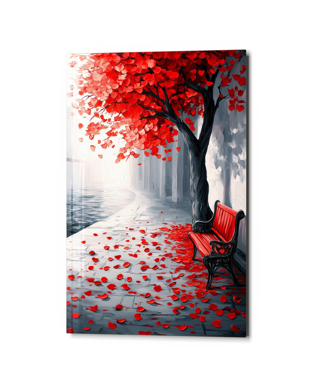 Red Bench Beneath the Tree glass wall art, studio view
