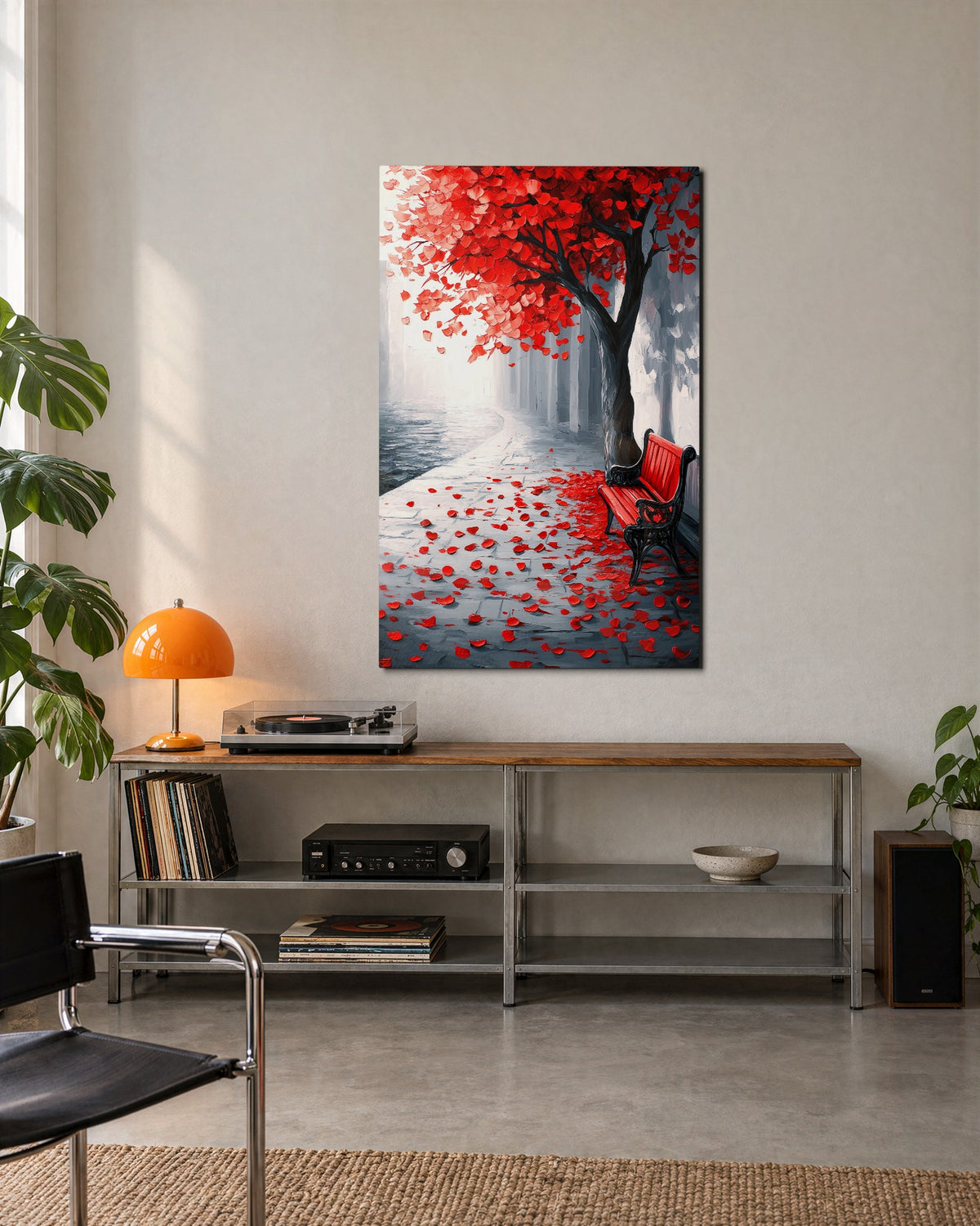 Red Bench Beneath the Tree glass wall art, lifestyle view