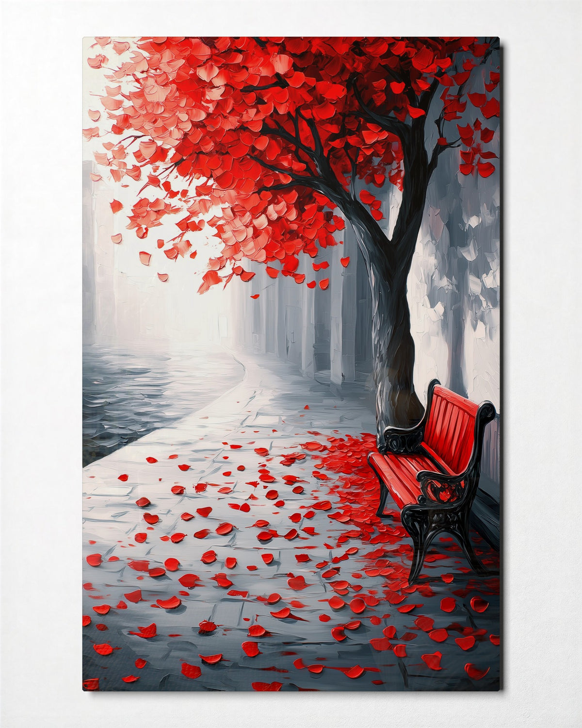 Red Bench Beneath the Tree glass wall art, front view