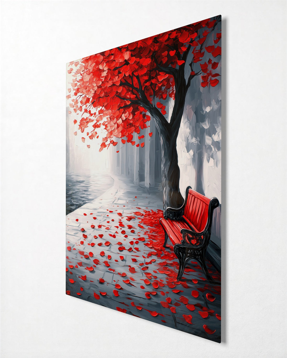 Red Bench Beneath the Tree glass wall art, side view