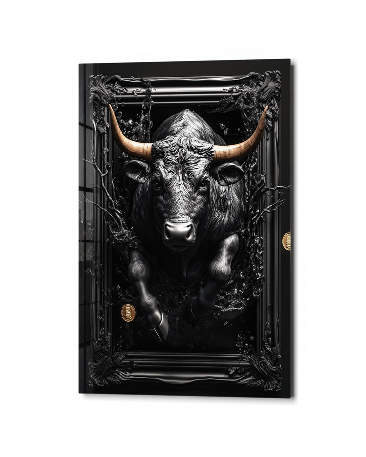 Black Bull in a Black Frame glass wall art, studio view
