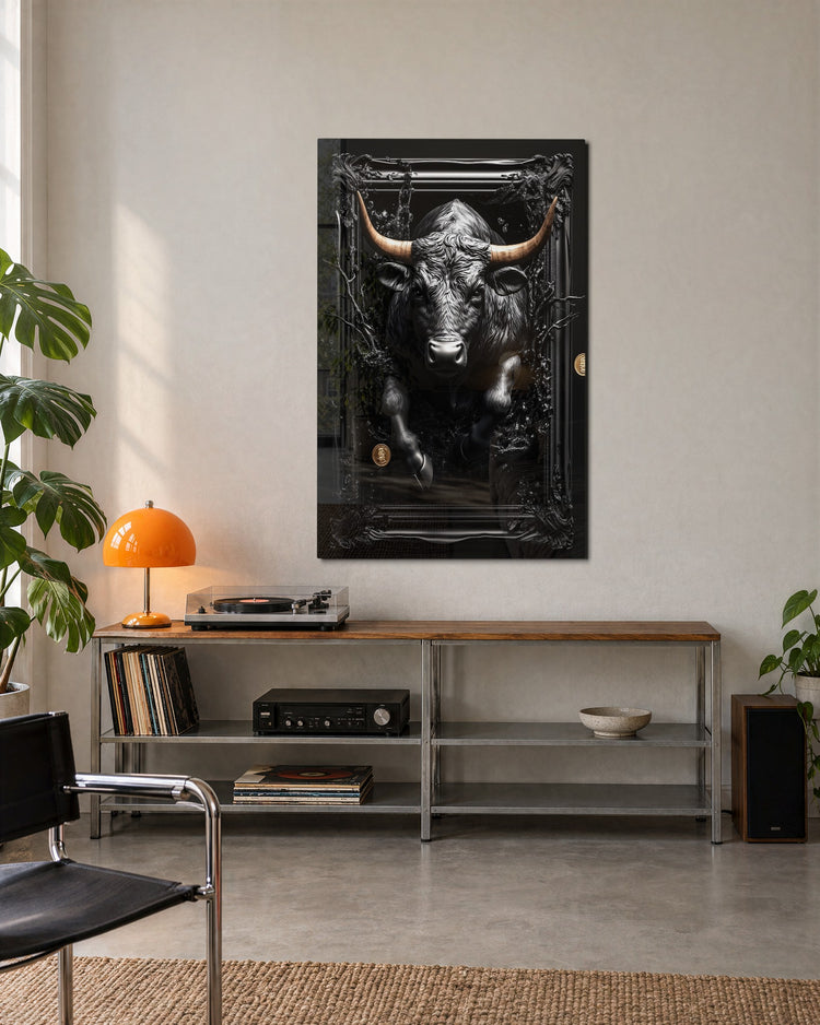 Black Bull in a Black Frame glass wall art, lifestyle view