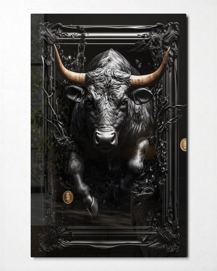 Black Bull in a Black Frame glass wall art, front view