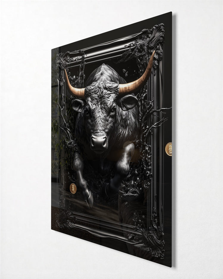 Black Bull in a Black Frame glass wall art, side view