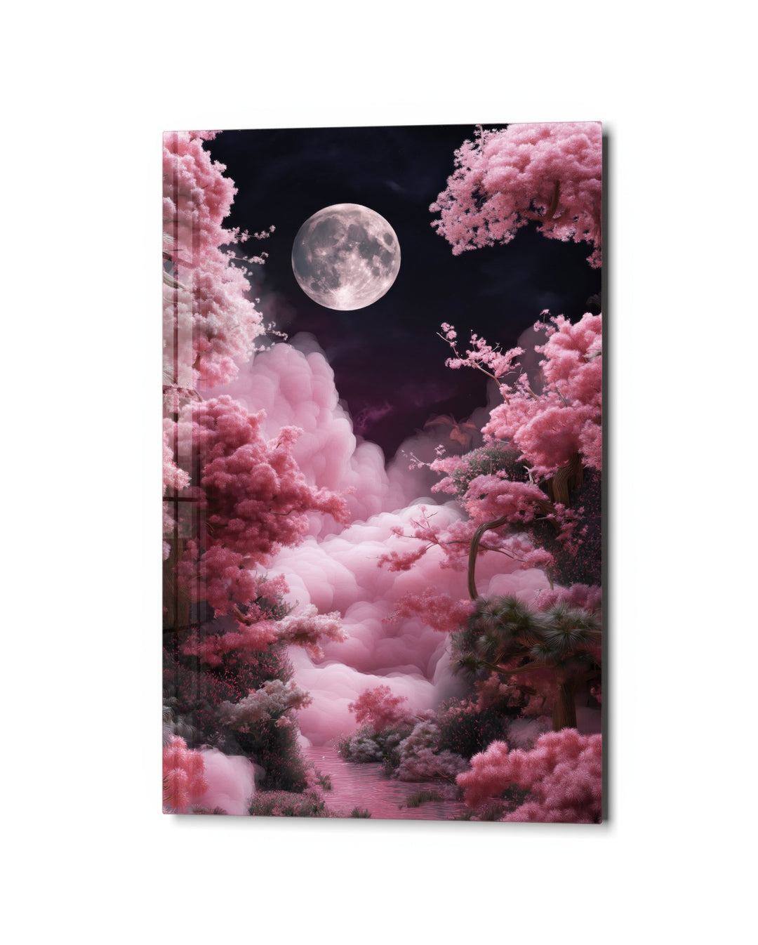 Full Moon Over Pink Clouds glass wall art, studio view