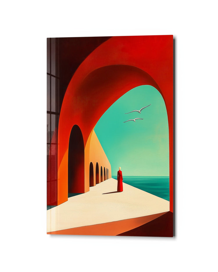 Red Arches by the Sea glass wall art, studio view