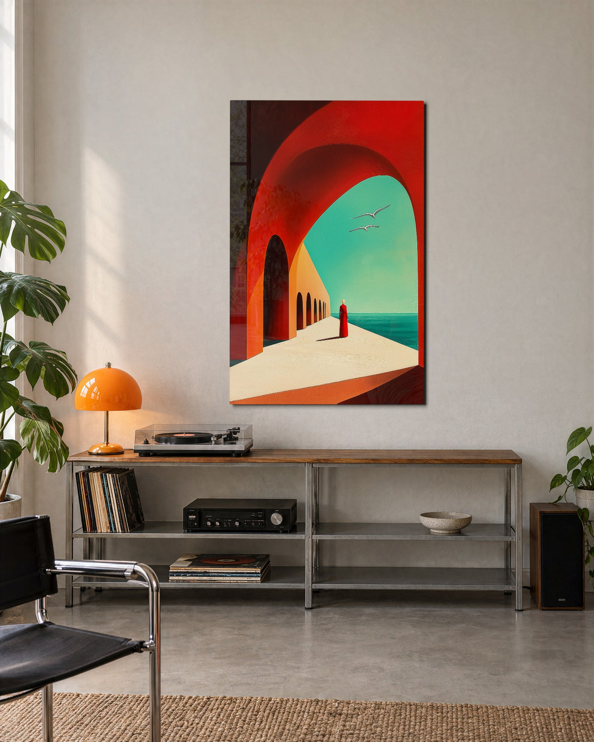Red Arches by the Sea glass wall art, lifestyle view