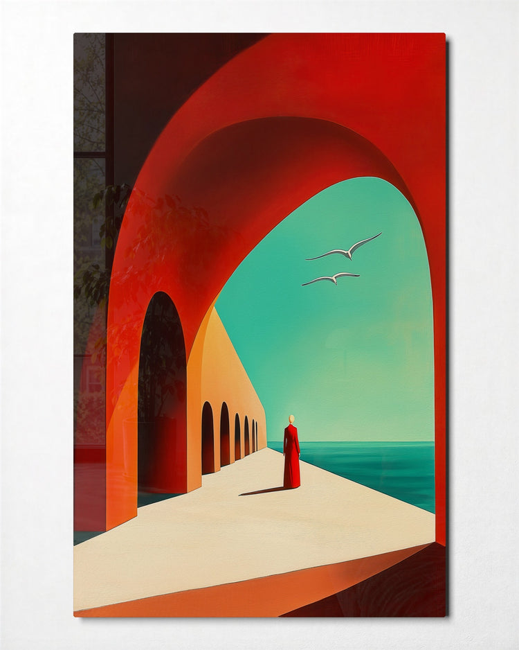 Red Arches by the Sea glass wall art, front view