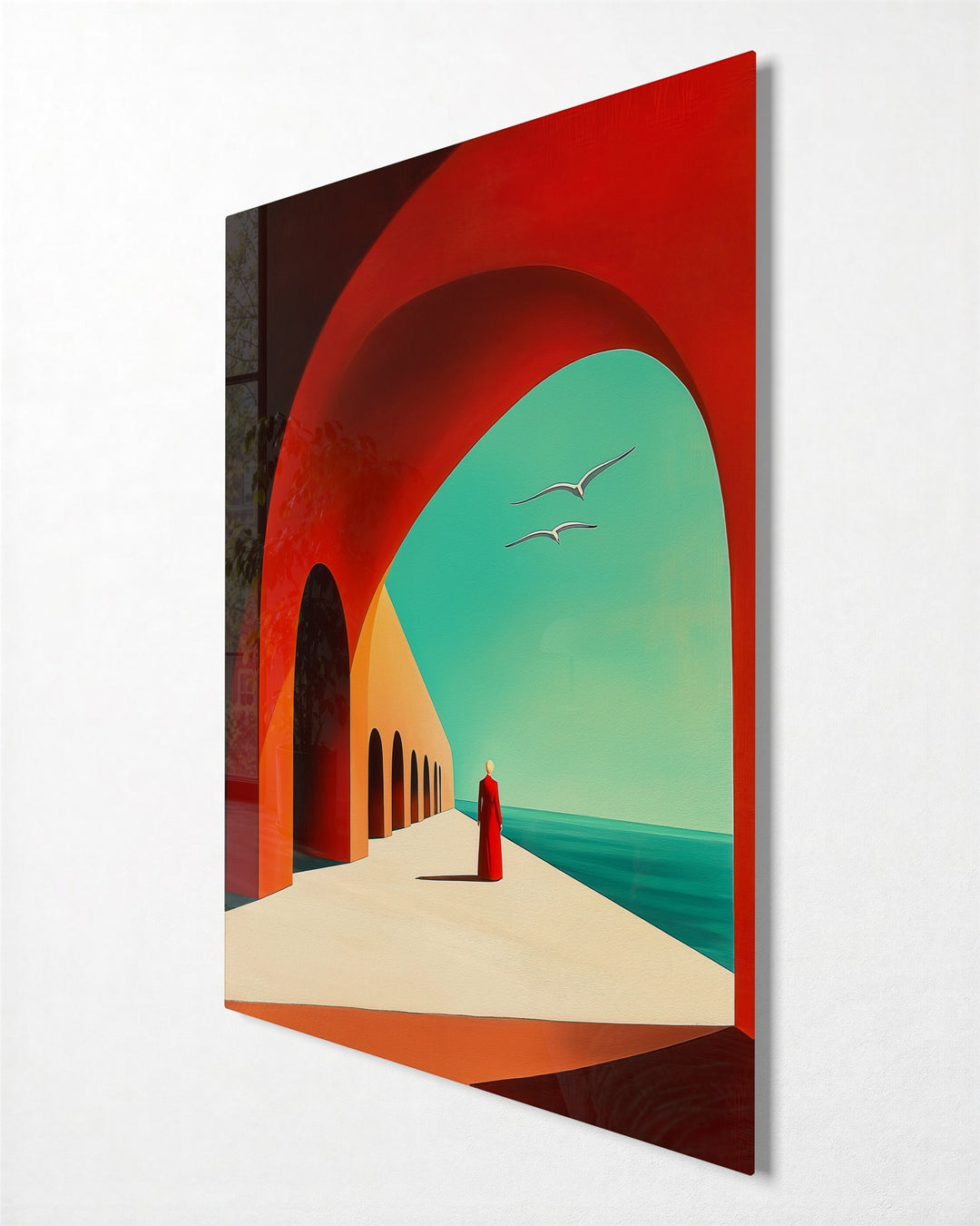 Red Arches by the Sea glass wall art, side view