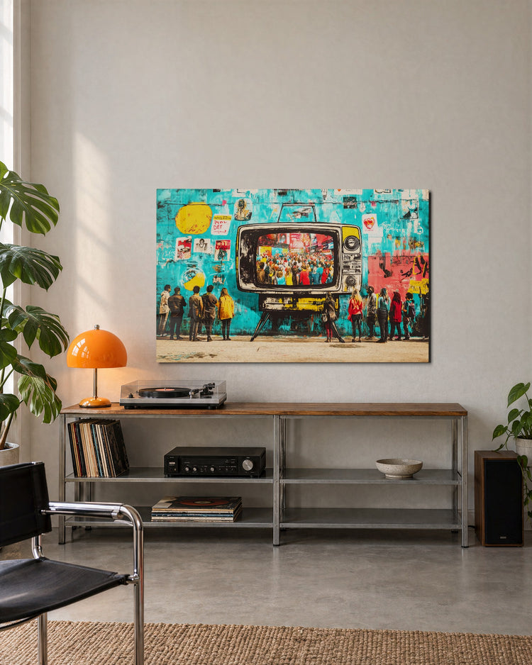Crowd Around the Big TV glass wall art, lifestyle view