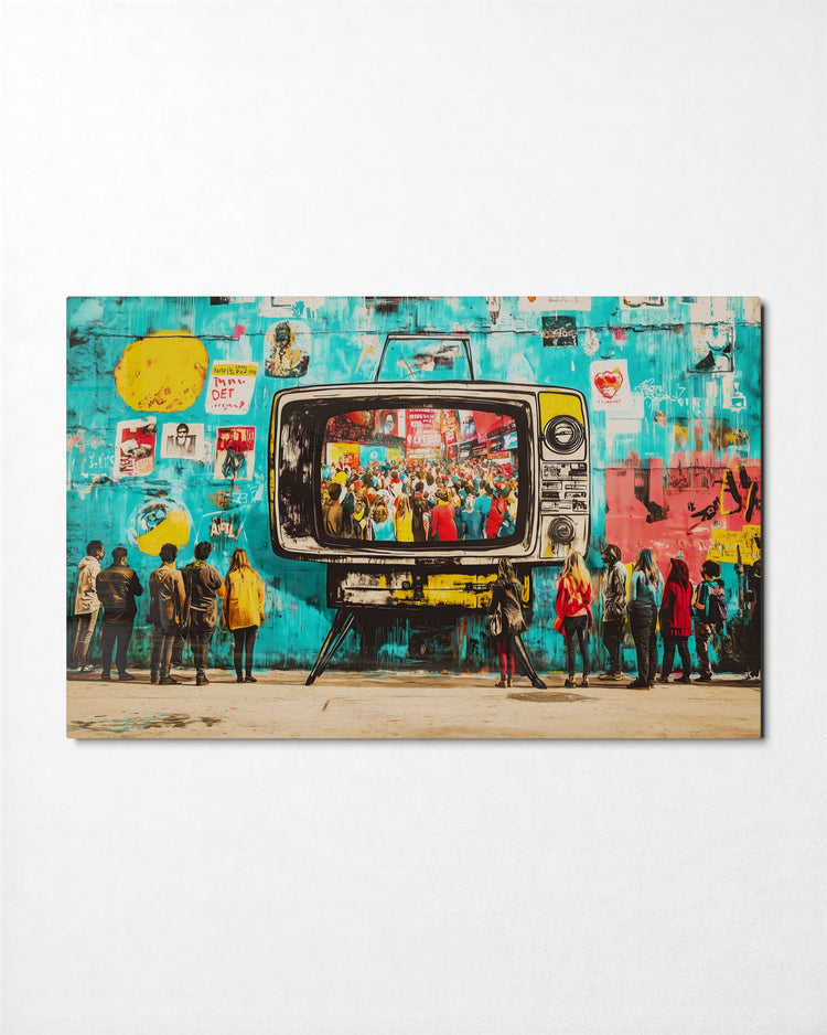 Crowd Around the Big TV glass wall art, front view