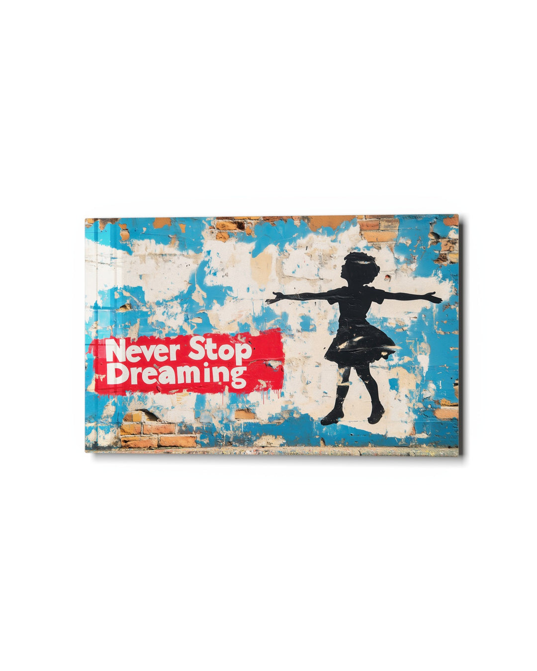Never Stop Dreaming glass wall art, studio view