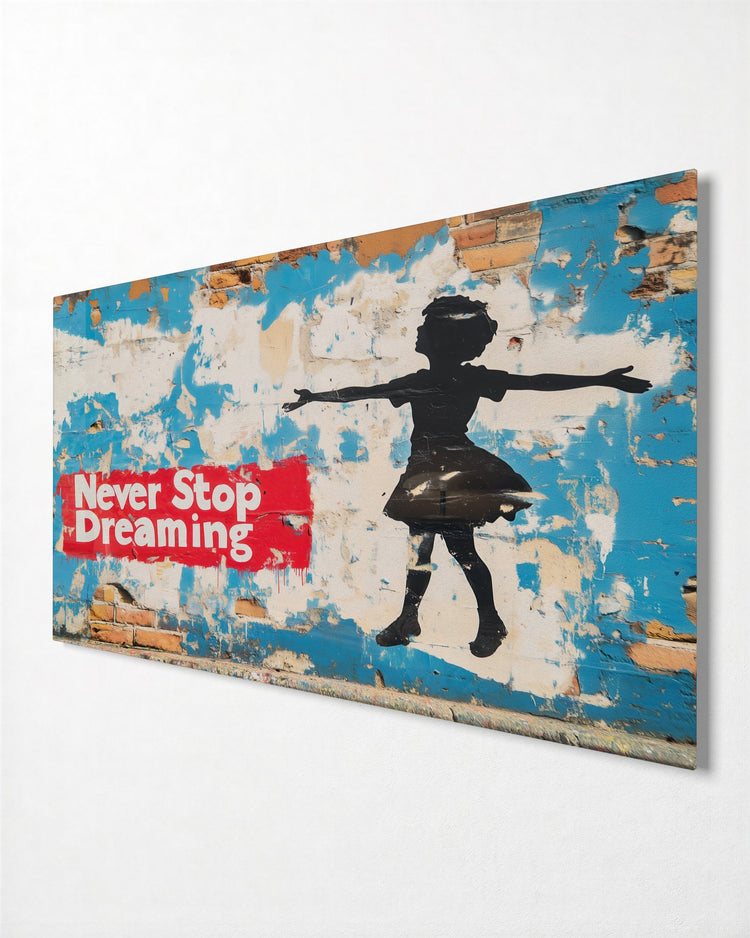 Never Stop Dreaming glass wall art, side view
