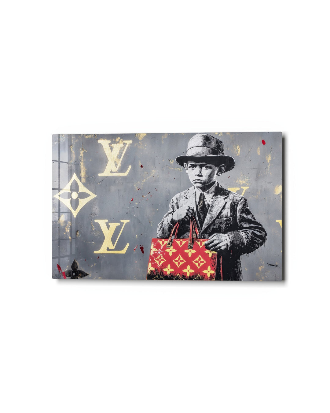Little Boy With a Handbag glass wall art, studio view