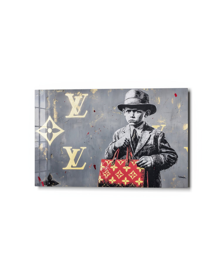 Little Boy With a Handbag glass wall art, studio view