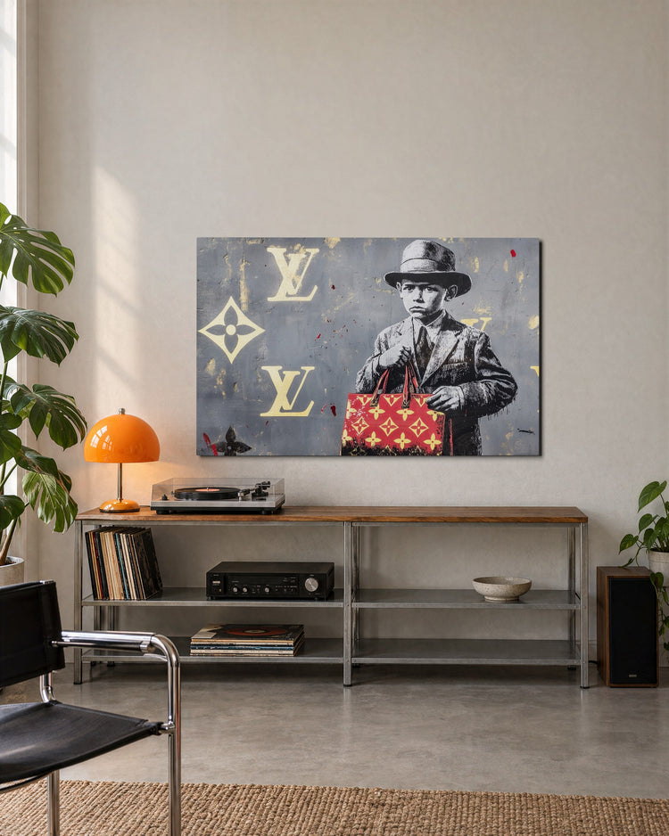 Little Boy With a Handbag glass wall art, lifestyle view