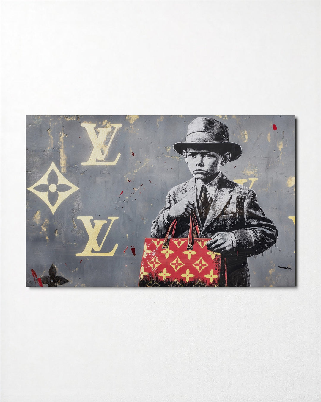 Little Boy With a Handbag glass wall art, front view