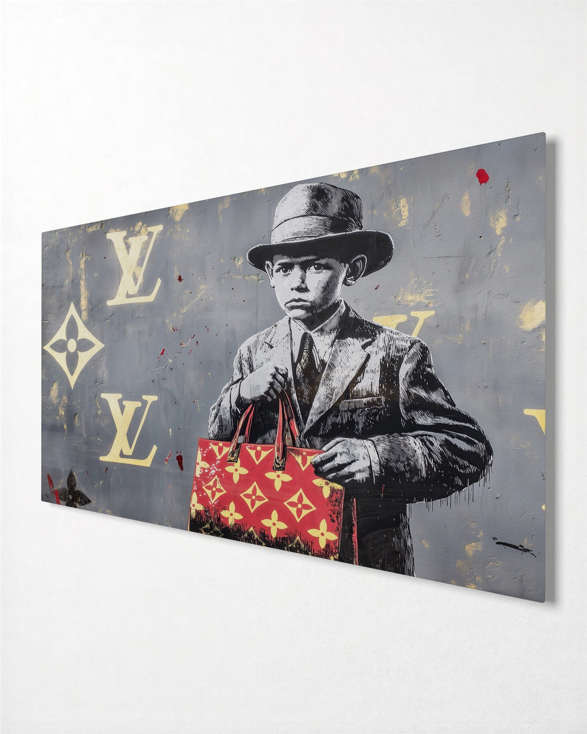 Little Boy With a Handbag glass wall art, side view