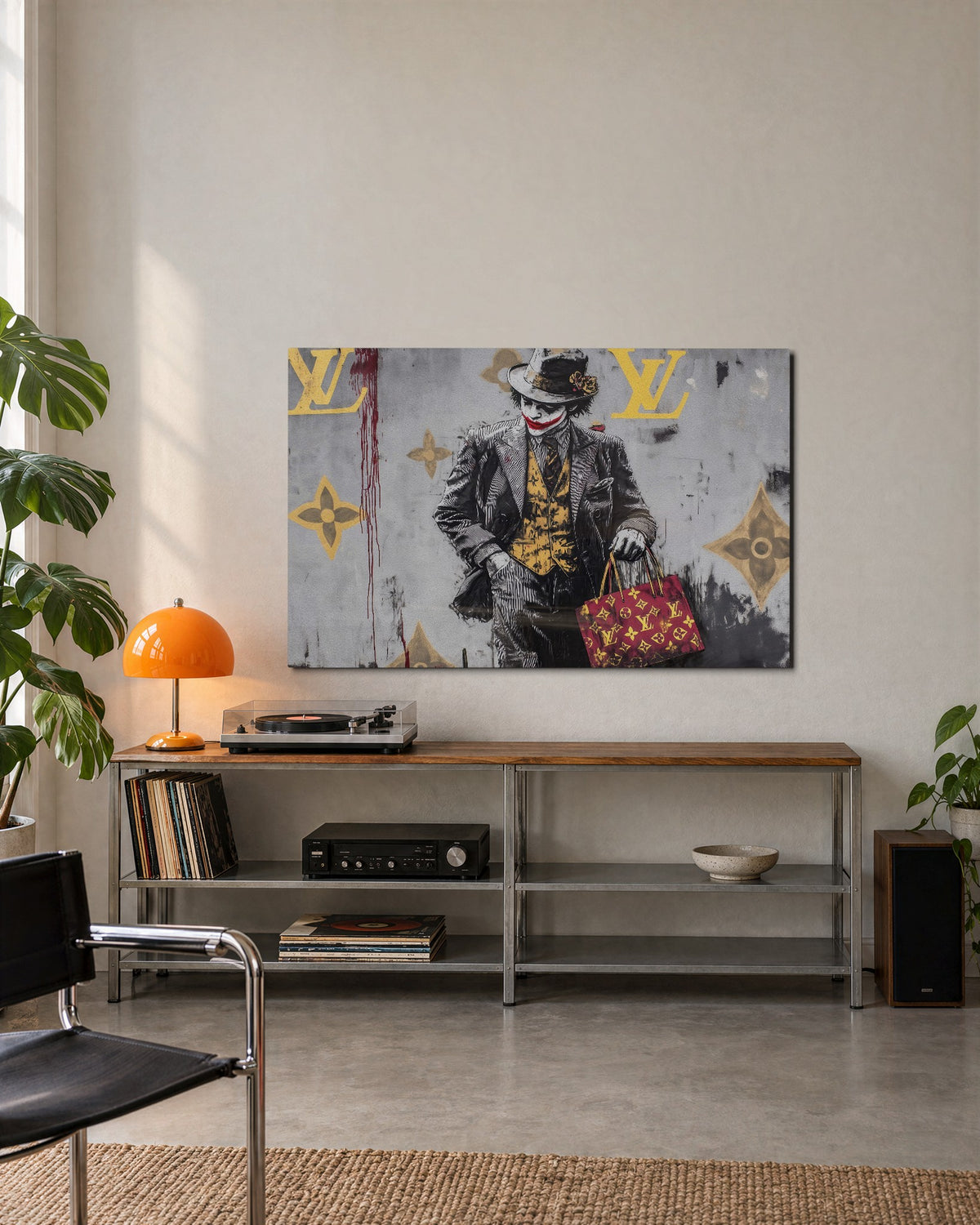 Chaos Carries a Bag glass wall art, lifestyle view