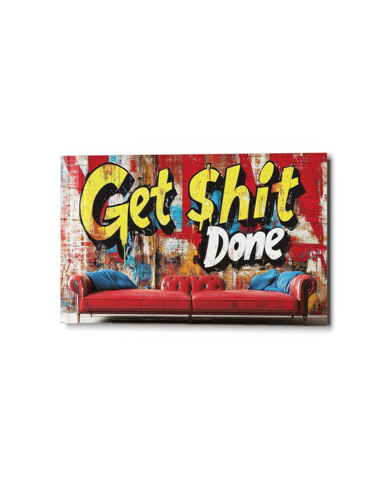 Red Sofa, Loud Orders glass wall art, studio view