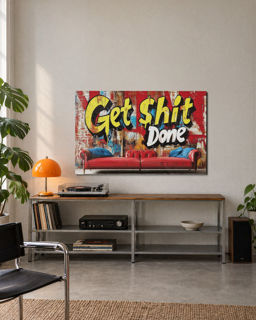 Red Sofa, Loud Orders glass wall art, lifestyle view