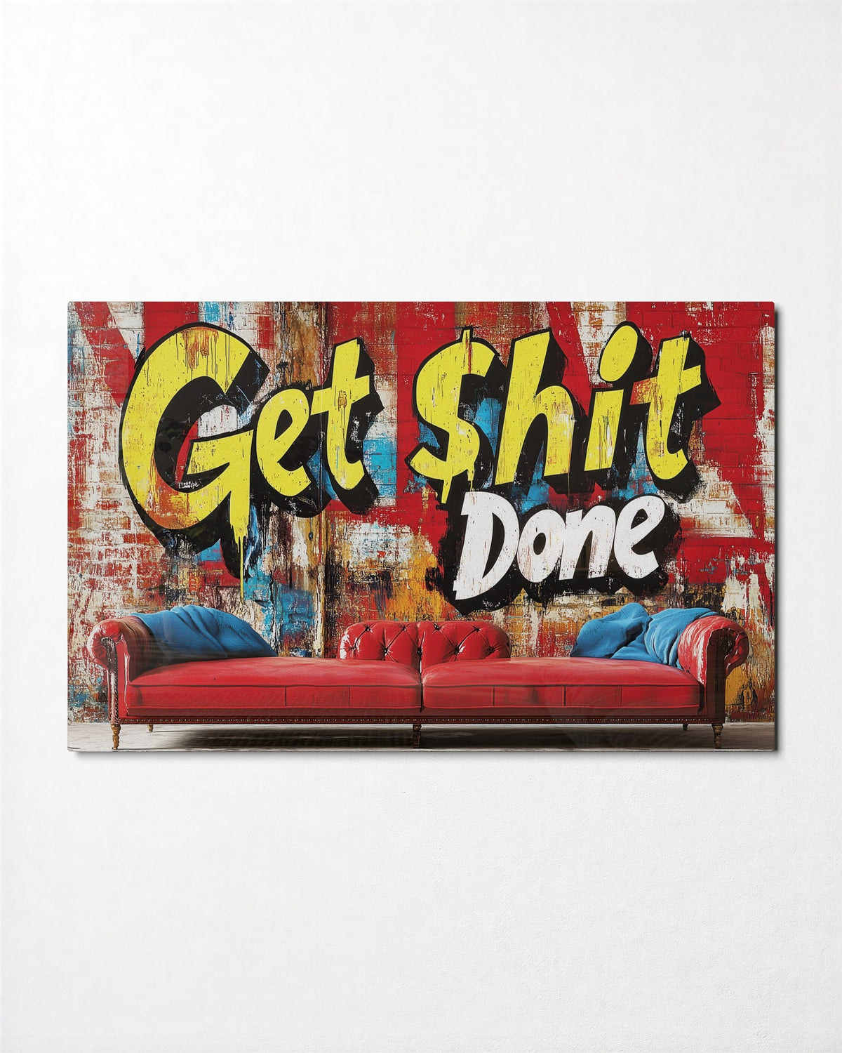 Red Sofa, Loud Orders glass wall art, front view
