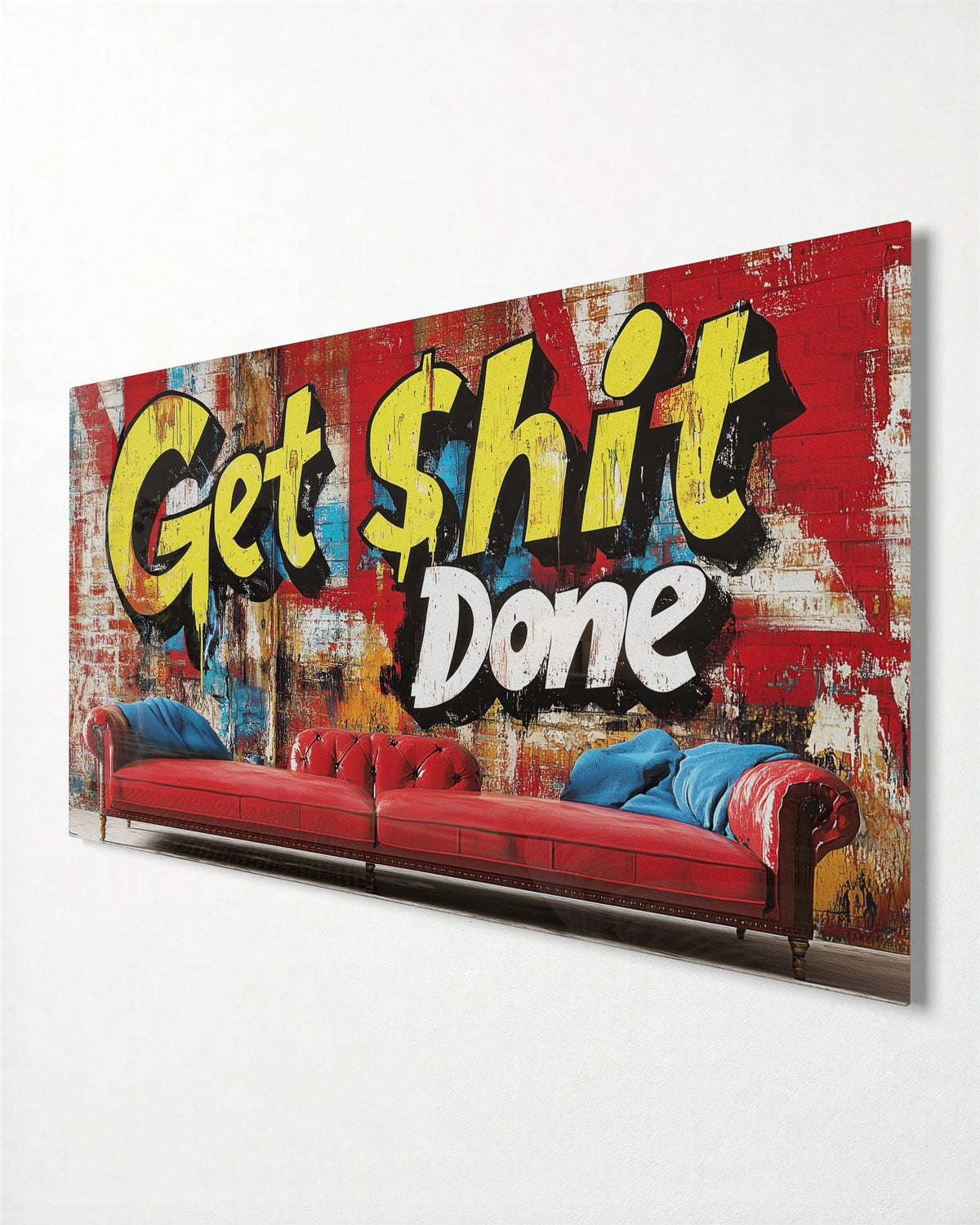 Red Sofa, Loud Orders glass wall art, side view
