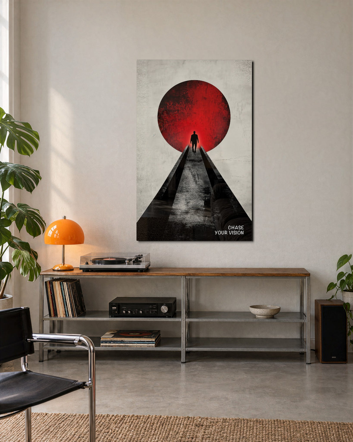 Walking Into the Red Sun glass wall art, lifestyle view