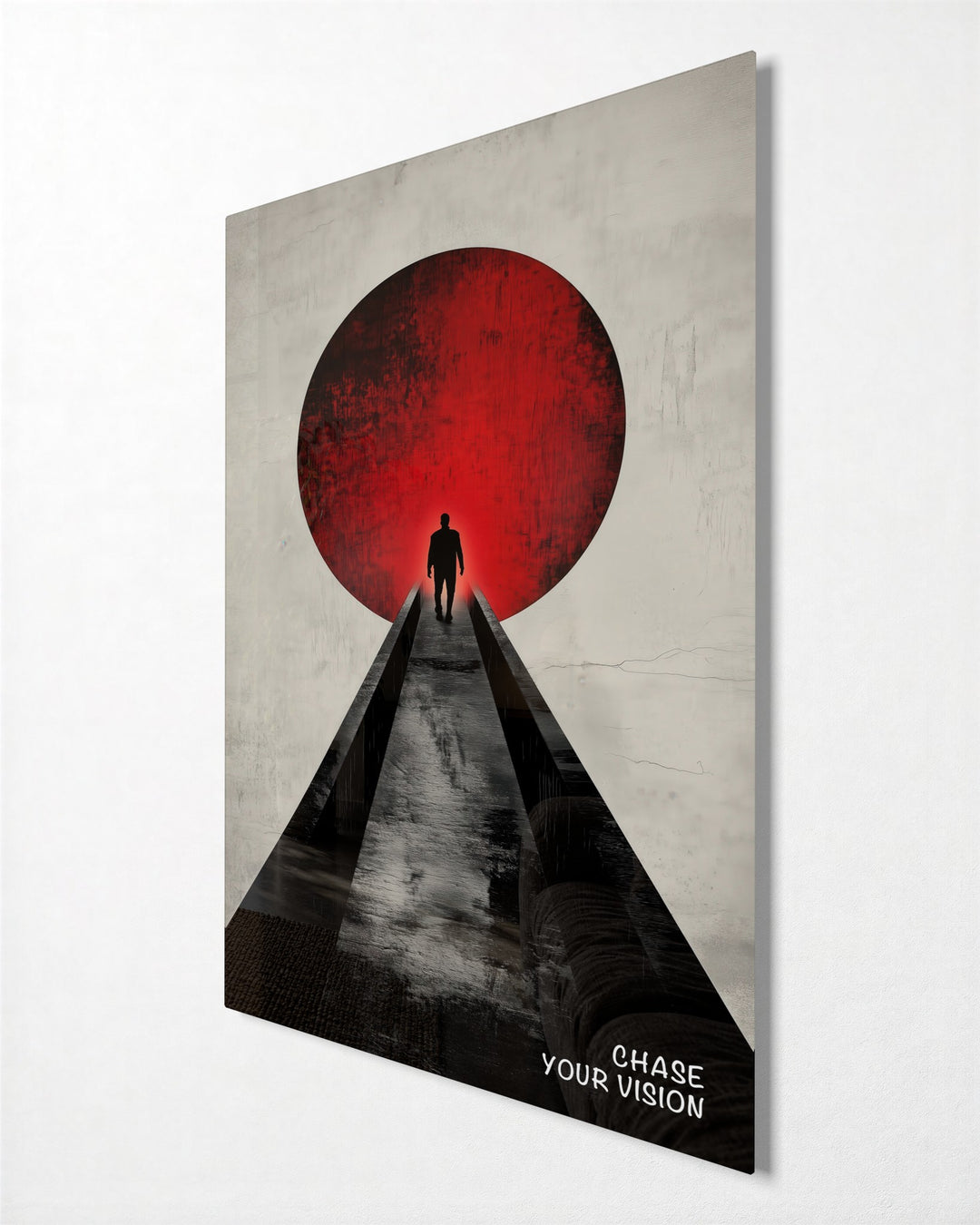Walking Into the Red Sun glass wall art, side view