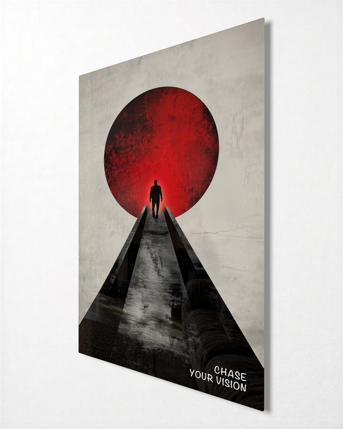 Walking Into the Red Sun glass wall art, side view