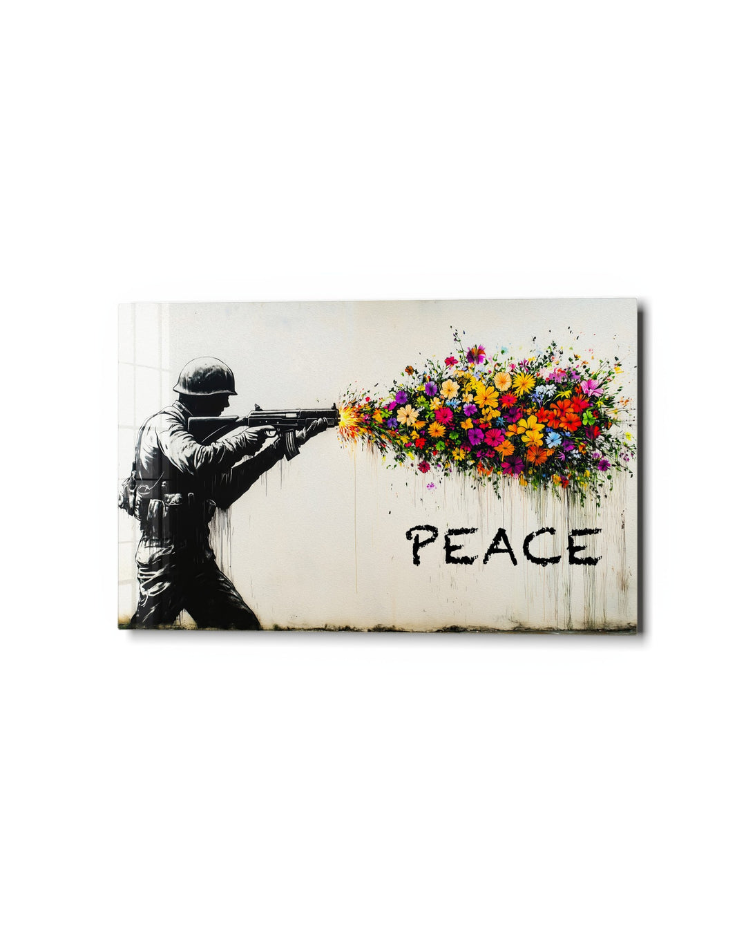 Soldier Firing Flowers glass wall art, studio view