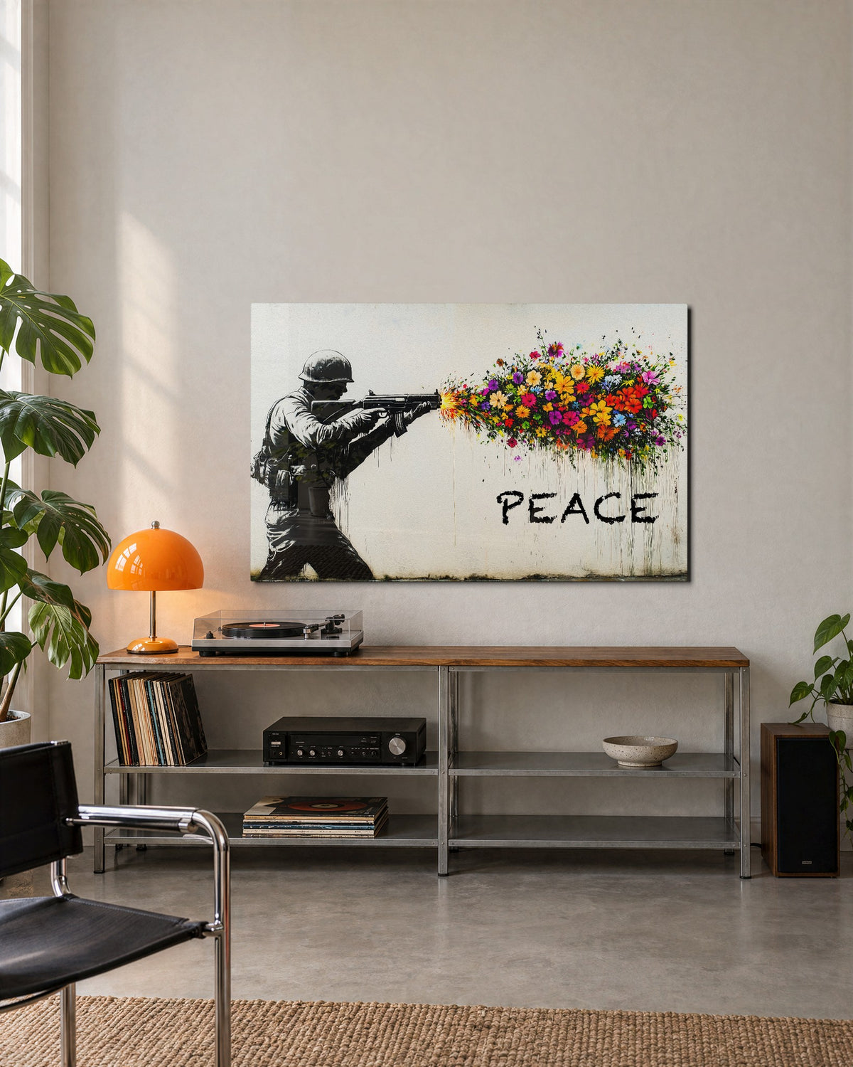 Soldier Firing Flowers glass wall art, lifestyle view