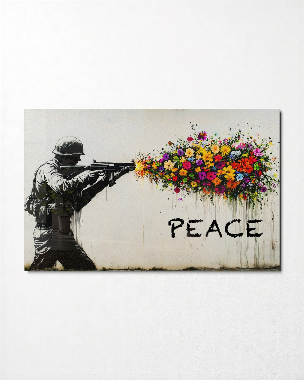 Soldier Firing Flowers glass wall art, front view