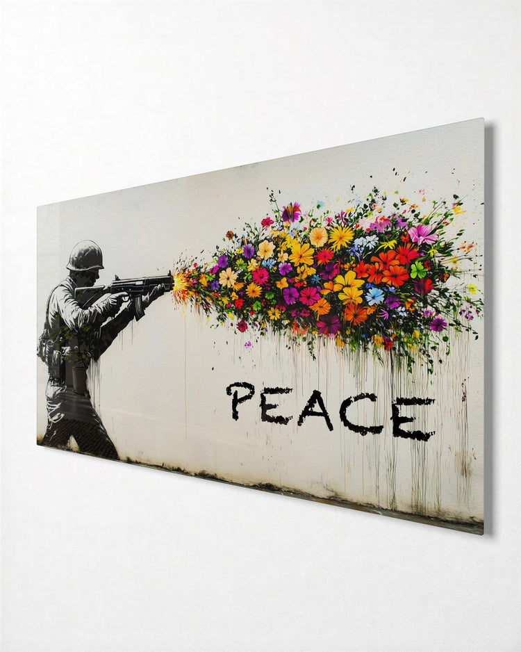 Soldier Firing Flowers glass wall art, side view
