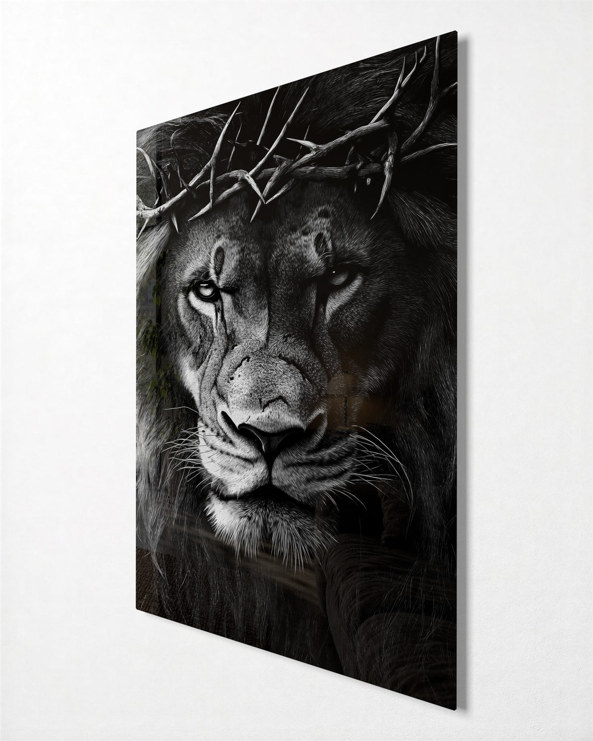 Lion Under Thorns glass wall art, side view