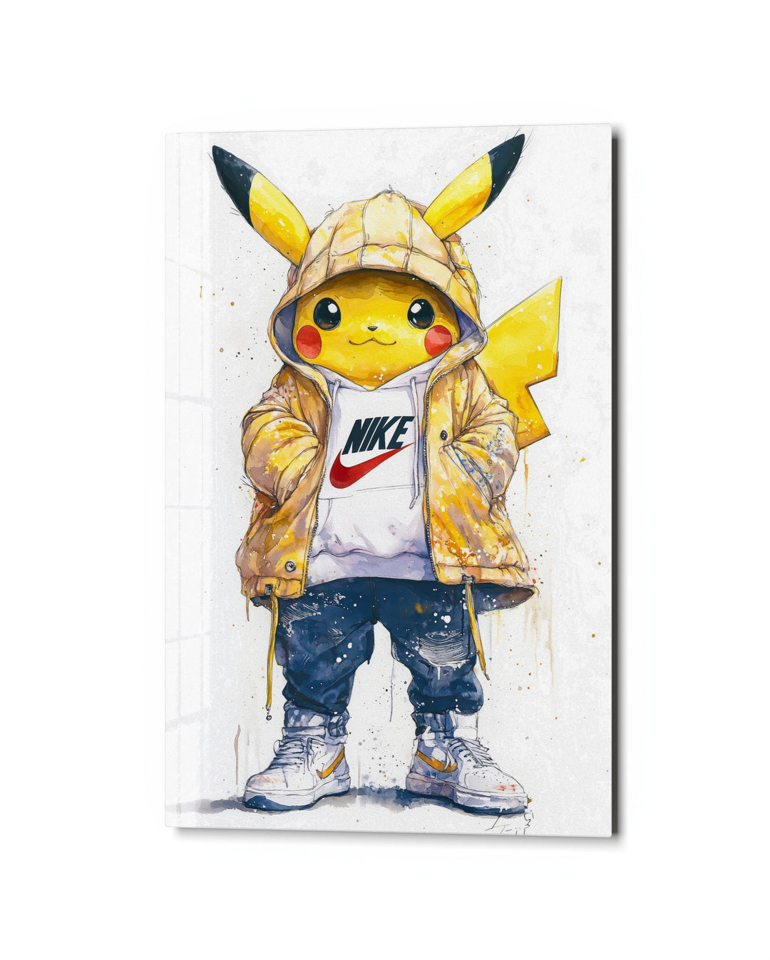 Yellow Critter in a Puffer glass wall art, studio view