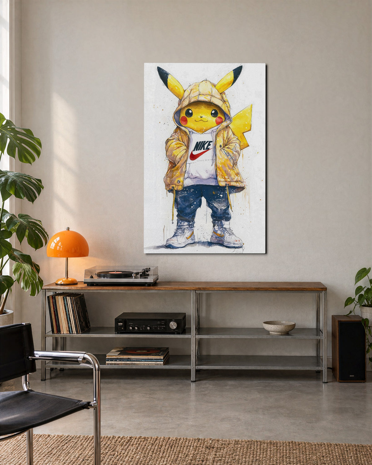 Yellow Critter in a Puffer glass wall art, lifestyle view